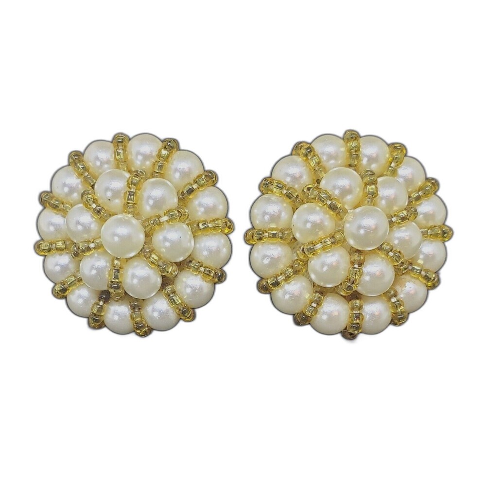 Vintage Faux Pearl Earrings Glass Champagne Seed Beads Pierced Jewelry Wedding